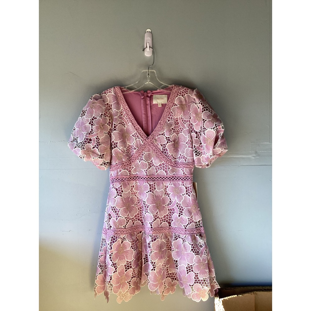 AROSE Studio Sarah Puff Sleeve Floral Lace Mini Dress Pink Gold Metallic Small